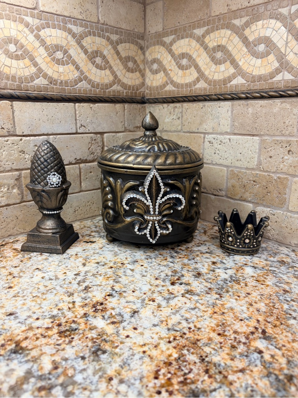 Decorative Fleur-de-Lis Lidded Jar - Bronze Accent